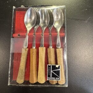 Vintage Set of 5 MCM Cocktail Spoons  Wood Handle Stainless Steel Japan Knobler
